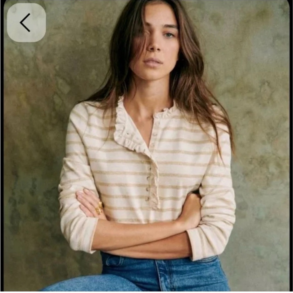 Sezane Gold Striped Ruffle Long Sleeve Top Gael mariniere